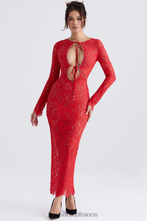 House of CB robe longue en dentelle rouge Lisandra N888H340 vêtements