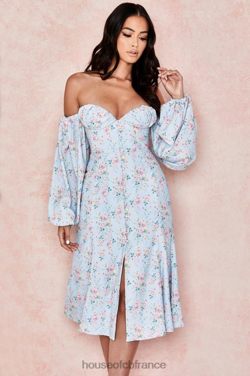 House of CB Hope - Robe d'été midi style Bardot bleue à fleurs N888H608 vêtements