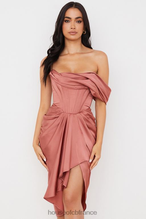 House of CB Janis Rouge - Robe mi-longue drapée en satin à asymétrique épaule dénudée N888H560 vêtements