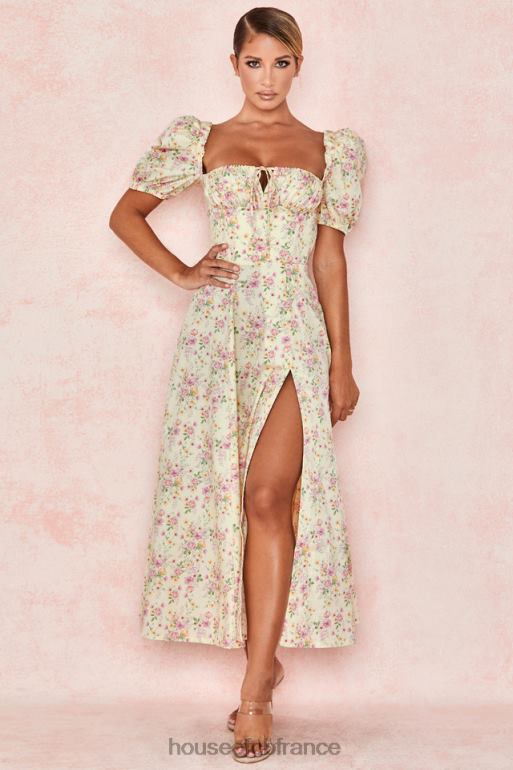 House of CB Tallulah - Robe d'été mi-longue à fleurs citron et manches bouffantes N888H617 vêtements