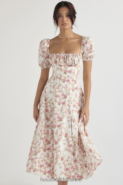 House of CB Tallulah - Robe d'été mi-longue à manches bouffantes et imprimé roses N888H427 vêtements