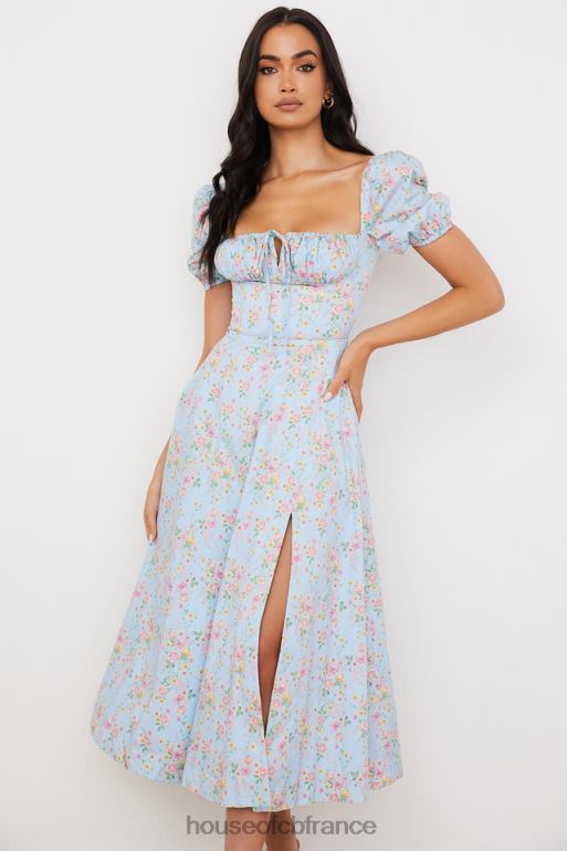 House of CB Tallulah - Robe mi-longue bleue vintage à fleurs et manches bouffantes N888H572 vêtements