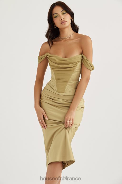 House of CB robe midi corset en satin olive natalya N888H459 vêtements