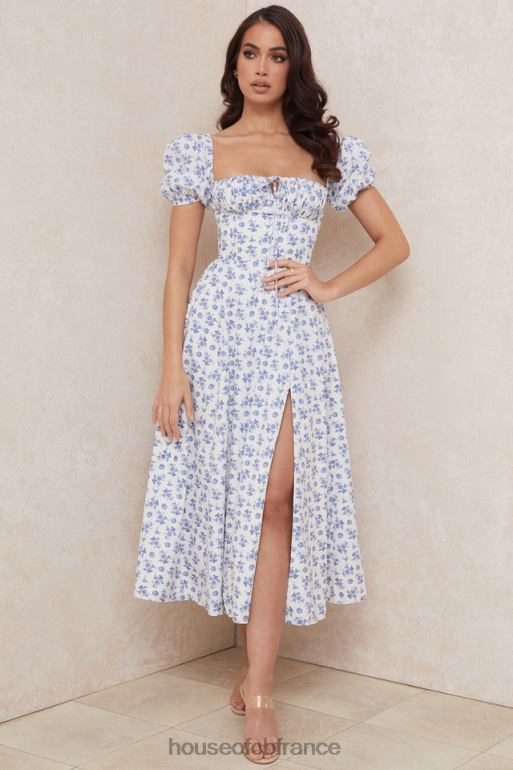 House of CB robe midi à fleurs bleu blanc tallulah N888H602 vêtements