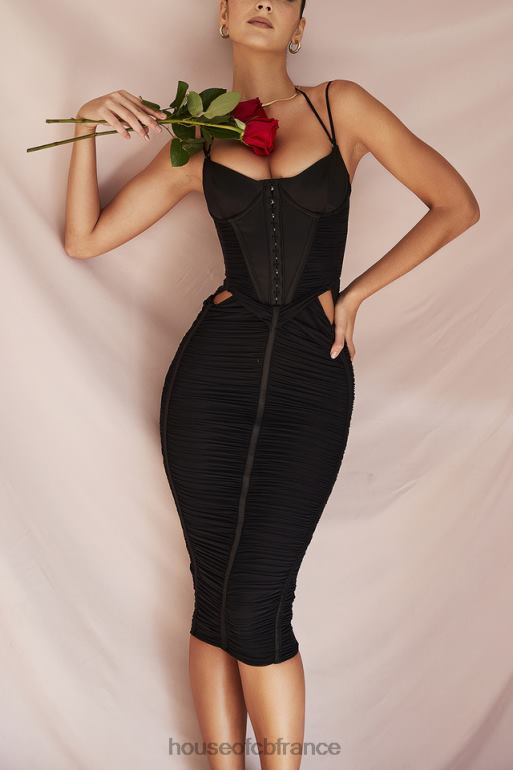 House of CB robe midi froncée noire maya N888H502 vêtements